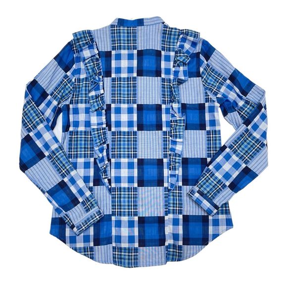 Rochelle Behrens The Shirt‎ Size Small Blue Plaid Button Front Patchwork Ruffle - Picture 2 of 12